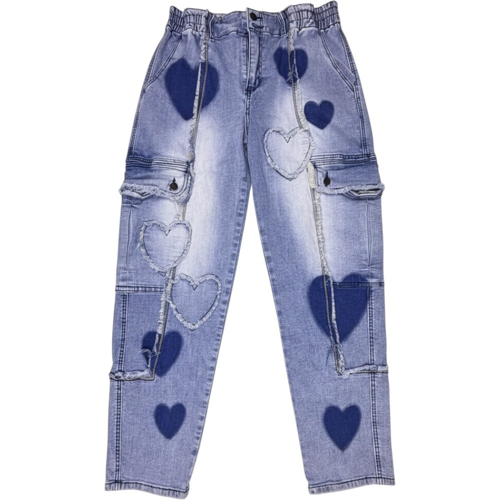 Oli & Hali Womens Heart Patch Boho Stretch Cargo Pants Blue Jean High Waist L